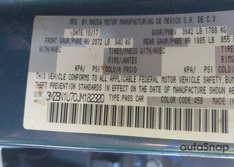 2018 Mazda Mazda3 Sport из США, поврежденный, VIN 3MZBN1U70JM182320